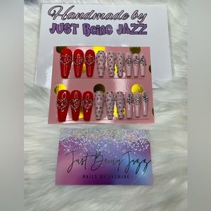Press on Full cover coffin nails with red and pink and rhinestones